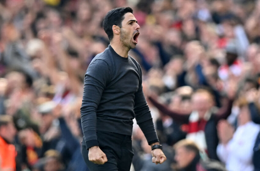 Arsenal's Spanish manager Mikel Arteta reacts on the final whistle in the English Premier League football match between Arsenal and Manchester United at the Emirates Stadium in London on April 23, 2022. - Arsenal won the game 3-1. - RESTRICTED TO EDITORIAL USE. No use with unauthorized audio, video, data, fixture lists, club/league logos or 'live' services. Online in-match use limited to 120 images. An additional 40 images may be used in extra time. No video emulation. Social media in-match use limited to 120 images. An additional 40 images may be used in extra time. No use in betting publications, games or single club/league/player publications. (Photo by Glyn KIRK / AFP) / RESTRICTED TO EDITORIAL USE. No use with unauthorized audio, video, data, fixture lists, club/league logos or 'live' services. Online in-match use limited to 120 images. An additional 40 images may be used in extra time. No video emulation. Social media in-match use limited to 120 images. An additional 40 images may be used in extra time. No use in betting publications, games or single club/league/player publications. / RESTRICTED TO EDITORIAL USE. No use with unauthorized audio, video, data, fixture lists, club/league logos or 'live' services. Online in-match use limited to 120 images. An additional 40 images may be used in extra time. No video emulation. Social media in-match use limited to 120 images. An additional 40 images may be used in extra time. No use in betting publications, games or single club/league/player publications. (Photo by GLYN KIRK/AFP via Getty Images)