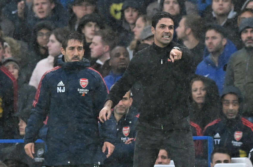 Arsenal's Spanish manager Mikel Arteta reacts during the English Premier League football match between Chelsea and Arsenal at Stamford Bridge in London on November 6, 2022. - RESTRICTED TO EDITORIAL USE. No use with unauthorized audio, video, data, fixture lists, club/league logos or 'live' services. Online in-match use limited to 120 images. An additional 40 images may be used in extra time. No video emulation. Social media in-match use limited to 120 images. An additional 40 images may be used in extra time. No use in betting publications, games or single club/league/player publications. (Photo by Glyn KIRK / AFP) / RESTRICTED TO EDITORIAL USE. No use with unauthorized audio, video, data, fixture lists, club/league logos or 'live' services. Online in-match use limited to 120 images. An additional 40 images may be used in extra time. No video emulation. Social media in-match use limited to 120 images. An additional 40 images may be used in extra time. No use in betting publications, games or single club/league/player publications. / RESTRICTED TO EDITORIAL USE. No use with unauthorized audio, video, data, fixture lists, club/league logos or 'live' services. Online in-match use limited to 120 images. An additional 40 images may be used in extra time. No video emulation. Social media in-match use limited to 120 images. An additional 40 images may be used in extra time. No use in betting publications, games or single club/league/player publications. (Photo by GLYN KIRK/AFP via Getty Images)