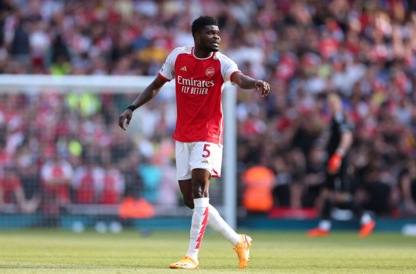 LONDON, ENGLAND - MAY 28: Thomas Partey of Arsenal during the Premier League match between Arsenal FC and Wolverhampton Wanderers at Emirates Stadium on May 28, 2023 in London, United Kingdom. (Photo by Marc Atkins/Getty Images)
