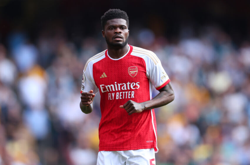 LONDON, ENGLAND - MAY 28: Thomas Partey of Arsenal during the Premier League match between Arsenal FC and Wolverhampton Wanderers at Emirates Stadium on May 28, 2023 in London, United Kingdom. (Photo by Marc Atkins/Getty Images)