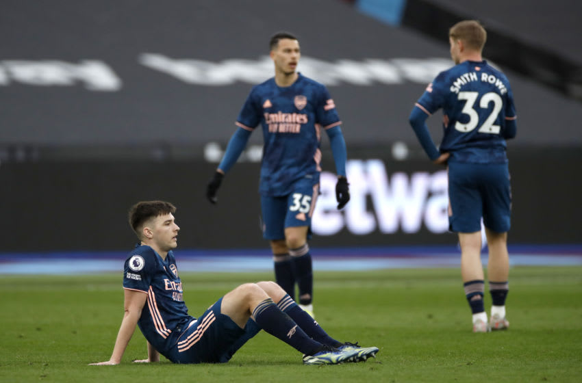 LONDON, ENGLAND - MARCH 21: Kieran Tierney of Arsenal looks dejected after the Premier League match between West Ham United and Arsenal at London Stadium on March 21, 2021 in London, England. Sporting stadiums around the UK remain under strict restrictions due to the Coronavirus Pandemic as Government social distancing laws prohibit fans inside venues resulting in games being played behind closed doors. (Photo by Paul Childs - Pool/Getty Images)