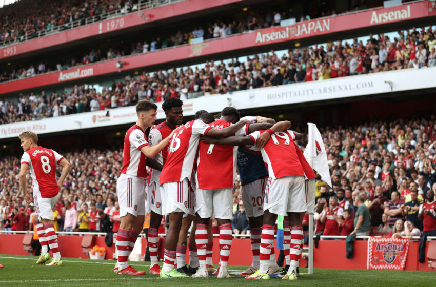 LONDON, ENGLAND - SEPTEMBER 11: Pierre-Emerick Aubameyang of Arsenal celebrates after scoring their side's first goal during the Premier League match between Arsenal and Norwich City at Emirates Stadium on September 11, 2021 in London, England. (Photo by Julian Finney/Getty Images)