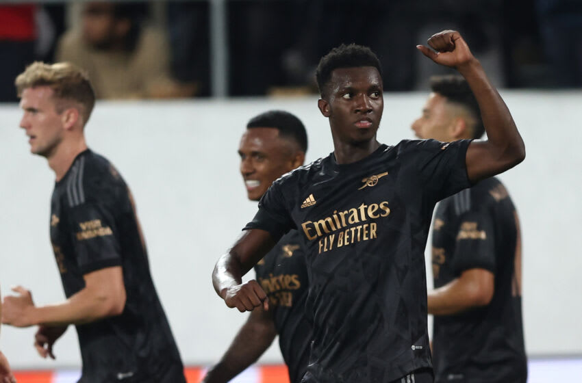 ST GALLEN, SWITZERLAND - SEPTEMBER 08: Eddie Nketiah of Arsenal celebrates after scoring their team's second goal during the UEFA Europa League group A match between FC Zürich and Arsenal FC at Kybunpark on September 08, 2022 in St Gallen, Switzerland. (Photo by Christian Kaspar-Bartke/Getty Images)