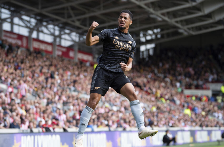BRENTFORD, ENGLAND - SEPTEMBER 18: William Saliba celebrates after scoring the first goal for Arsenal during the Premier League match between Brentford FC and Arsenal FC at Brentford Community Stadium on September 18, 2022 in Brentford, United Kingdom. (Photo by Visionhaus/Getty Images)