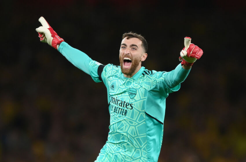 LONDON, ENGLAND - OCTOBER 06: Matt Turner celebrates after Rob Holding of Arsenal (not pictured) scored their sides second goal during the UEFA Europa League group A match between Arsenal FC and FK Bodo/Glimt at Emirates Stadium on October 06, 2022 in London, England. (Photo by Shaun Botterill/Getty Images)