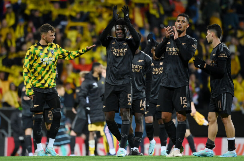 BODO, NORWAY - OCTOBER 13: Thomas Partey and William Saliba of Arsenal applauds their fans after the final whistle of the UEFA Europa League group A match between FK Bodo/Glimt and Arsenal FC at Aspmyra Stadion on October 13, 2022 in Bodo, Norway. (Photo by David Lidstrom/Getty Images)