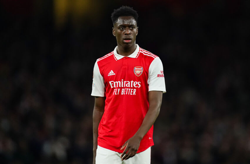 LONDON, UNITED KINGDOM - OCTOBER 20: Albert Sambi Lokonga of Arsenal FC looks on during the UEFA Europa League group A match between Arsenal FC and PSV Eindhoven at Emirates Stadium on October 20, 2022 in London, United Kingdom (Photo by Joris Verwijst/Orange Pictures/BSR Agency/Getty Images)