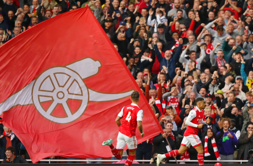 LONDON, ENGLAND - OCTOBER 30: Reiss Nelson of Arsenal celebrates after scoring their team's second goal during the Premier League match between Arsenal FC and Nottingham Forest at Emirates Stadium on October 30, 2022 in London, England. (Photo by Justin Setterfield/Getty Images)