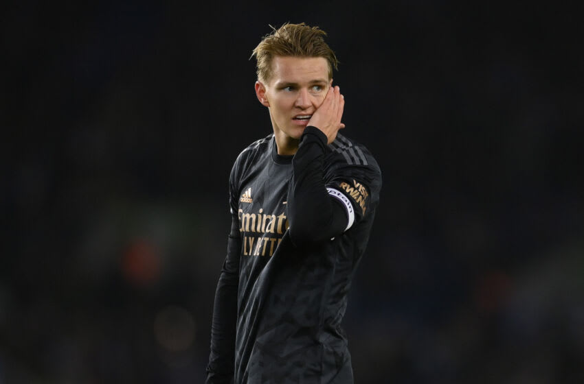 BRIGHTON, ENGLAND - DECEMBER 31: Martin Odegaard of Arsenal looks on during the Premier League match between Brighton & Hove Albion and Arsenal FC at American Express Community Stadium on December 31, 2022 in Brighton, England. (Photo by Mike Hewitt/Getty Images)