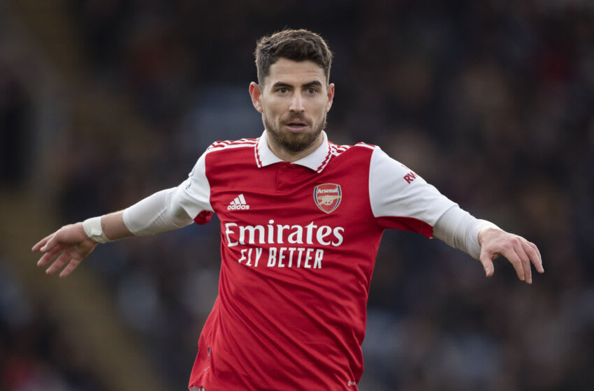 LEICESTER, ENGLAND - FEBRUARY 25: Jorginho of Arsenal in action during the Premier League match between Leicester City and Arsenal FC at The King Power Stadium on February 25, 2023 in Leicester, United Kingdom. (Photo by Joe Prior/Visionhaus via Getty Images)