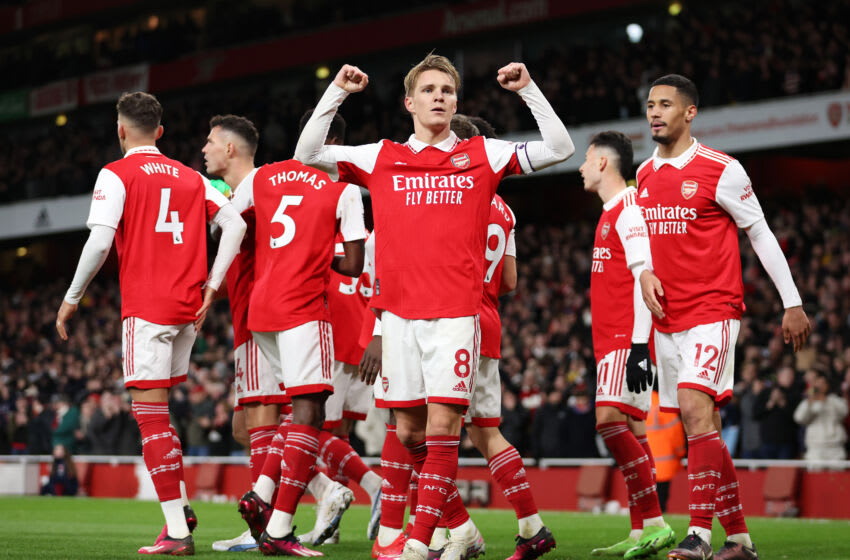 LONDON, ENGLAND - MARCH 01: Martin Odegaard of Arsenal celebrates after scoring the team's third goal during the Premier League match between Arsenal FC and Everton FC at Emirates Stadium on March 01, 2023 in London, England. (Photo by Julian Finney/Getty Images)