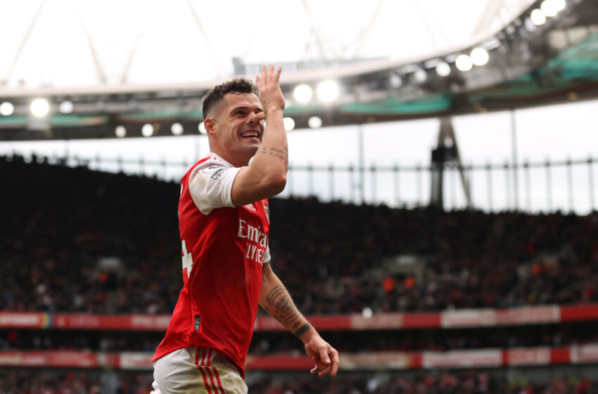 LONDON, ENGLAND - MARCH 19: Granit Xhaka of Arsenal celebrates after scoring the team's third goal during the Premier League match between Arsenal FC and Crystal Palace at Emirates Stadium on March 19, 2023 in London, England. (Photo by Ryan Pierse/Getty Images)