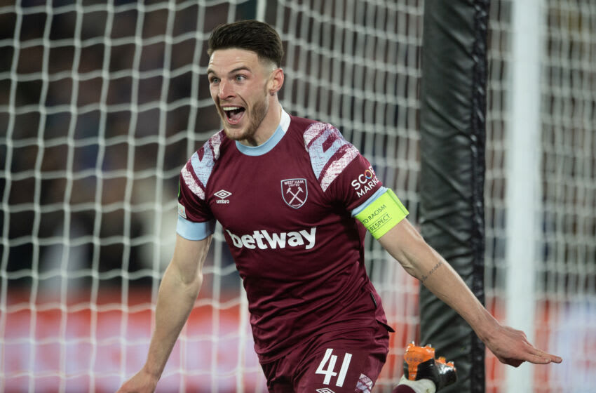 LONDON, ENGLAND - APRIL 20: Declan Rice celebrates scoring West Ham's third goal during the UEFA Europa Conference League Quarterfinal Second Leg match between West Ham United and KAA Gent at London Stadium on April 20, 2023 in London, England. (Photo by Visionhaus/Getty Images)