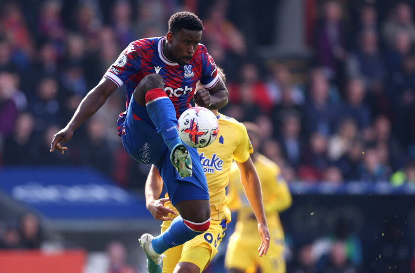 LONDON, ENGLAND - APRIL 22: Marc Guehi of Crystal Palace controls the ball during the Premier League match between Crystal Palace and Everton FC at Selhurst Park on April 22, 2023 in London, England. (Photo by Warren Little/Getty Images)