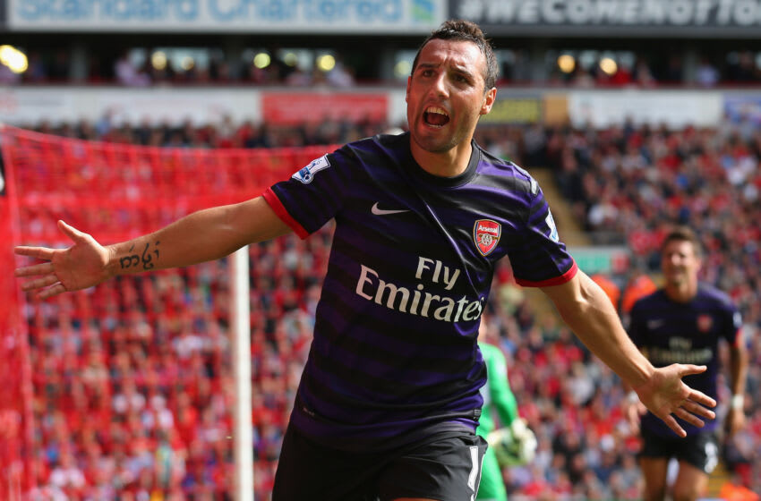 LIVERPOOL, ENGLAND - SEPTEMBER 02: Santi Cazorla of Arsenal celebrates after scoring the second goal during the Barclays Premier League match between Liverpool and Arsenal at Anfield on September 2, 2012 in Liverpool, England. (Photo by Alex Livesey/Getty Images)