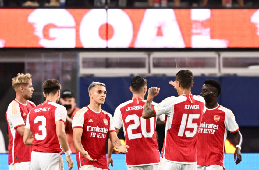 Arsenal's Belgian midfielder Leandro Trossard (3L) celebrates scoring his team's fourth goal during a pre-season friendly football match between Arsenal FC and FC Barcelona at SoFi Stadium in Inglewood, California, on July 26, 2023. (Photo by Patrick T. Fallon / AFP) (Photo by PATRICK T. FALLON/AFP via Getty Images)