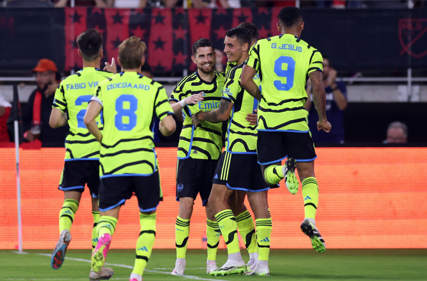 WASHINGTON, DC - JULY 19: Arsenal FC players celebrate after a goal during the 2nd half of the MLS All-Star Game between Arsenal FC and MLS All-Stars at Audi Field on July 19, 2023 in Washington, DC. (Photo by Tim Nwachukwu/Getty Images)