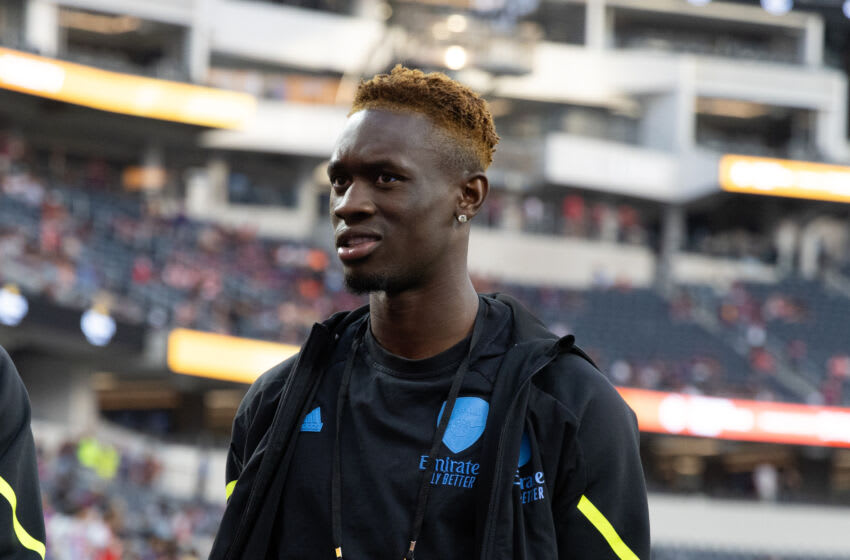 INGLEWOOD, CALIFORNIA - JULY 26: Folarin Balogun of Arsenal gestures prior a game between Barcelona and Arsenal at SOFI Stadium on July 26, 2023 in Inglewood, California. (Photo by Trevor Ruszkowski/ISI Photos/Getty Images)