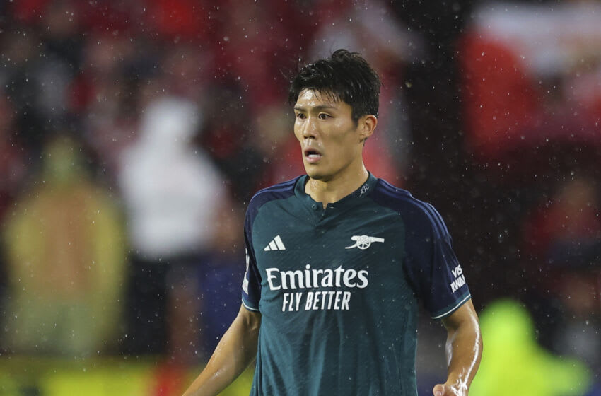 SEVILLE, SPAIN - OCTOBER 24: Takehiro Tomiyasu of Arsenal FC in action during the UEFA Champions League match between Sevilla FC and Arsenal FC at Estadio Ramon Sanchez Pizjuan on October 24, 2023 in Seville, Spain. (Photo by Fran Santiago/Getty Images)