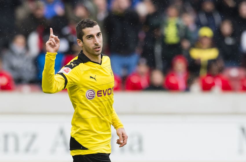 STUTTGART, GERMANY - APRIL 23: Henrikh Mkhitaryan of Borussia Dortmund cheers after scoring his team's 3rd goal at Mercedes-Benz Arena on April 23, 2016 in Stuttgart, Germany. (Photo by Alexandre Simoes/Borussia Dortmund/Getty Images)