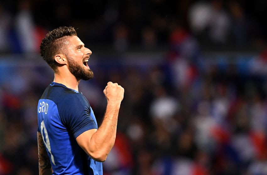 France's forward Olivier Giroud celebrates his goal during the friendly football match between France and Scotland, at the St Symphorien Stadium in Metz, Eastern France, on June 4, 2016. / AFP / FRANCK FIFE (Photo credit should read FRANCK FIFE/AFP/Getty Images)