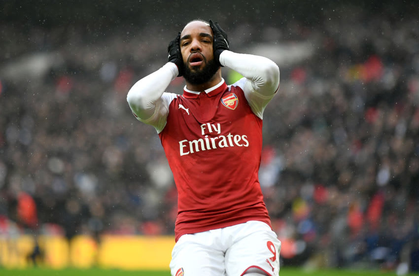 LONDON, ENGLAND - FEBRUARY 10: Alexandre Lacazette of Arsenal reacts following a missed chance during the Premier League match between Tottenham Hotspur and Arsenal at Wembley Stadium on February 10, 2018 in London, England. (Photo by Laurence Griffiths/Getty Images)