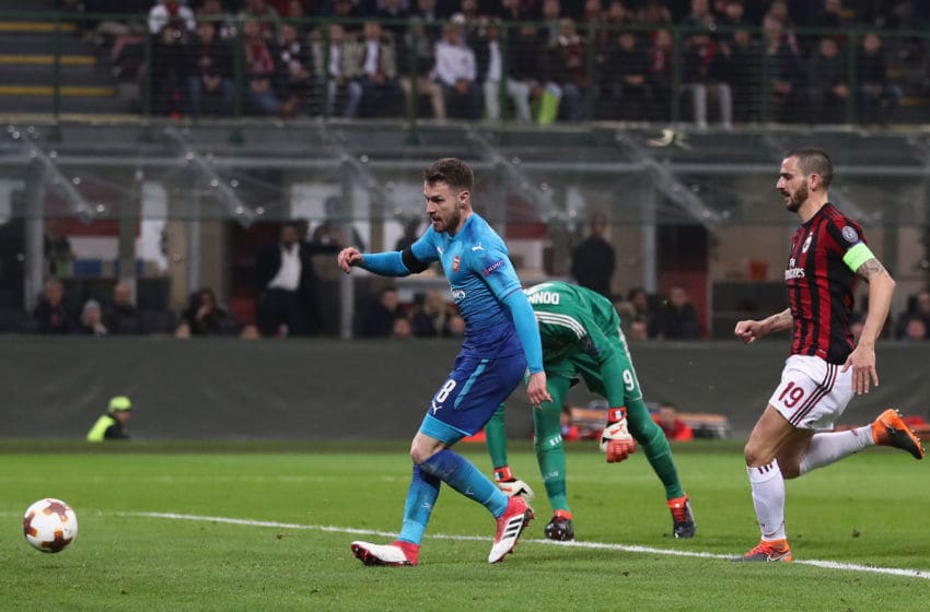 MILAN, ITALY - MARCH 08: Aaron Ramsey of Arsenal scores during the UEFA Europa League Round of 16 match between AC Milan and Arsenal at the San Siro on March 8, 2018 in Milan, Italy. (Photo by Catherine Ivill/Getty Images)