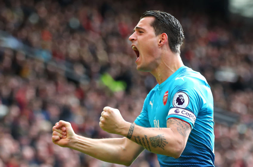 MANCHESTER, ENGLAND - APRIL 29: Granit Xhaka of Arsenal celebrates his sides second goal during the Premier League match between Manchester United and Arsenal at Old Trafford on April 29, 2018 in Manchester, England. (Photo by Clive Brunskill/Getty Images)